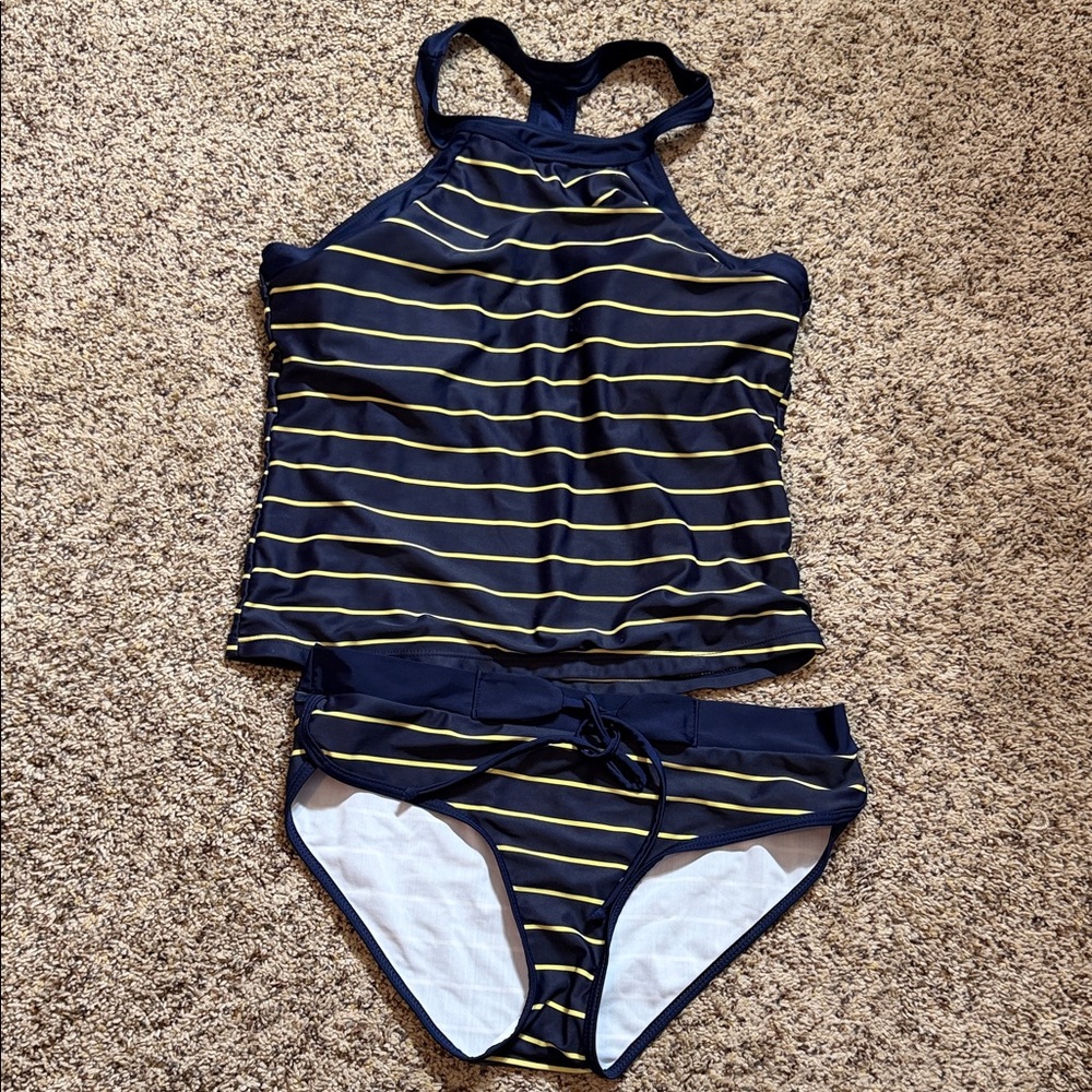 Women’s Navy and Yellow Stripe Tankini Set